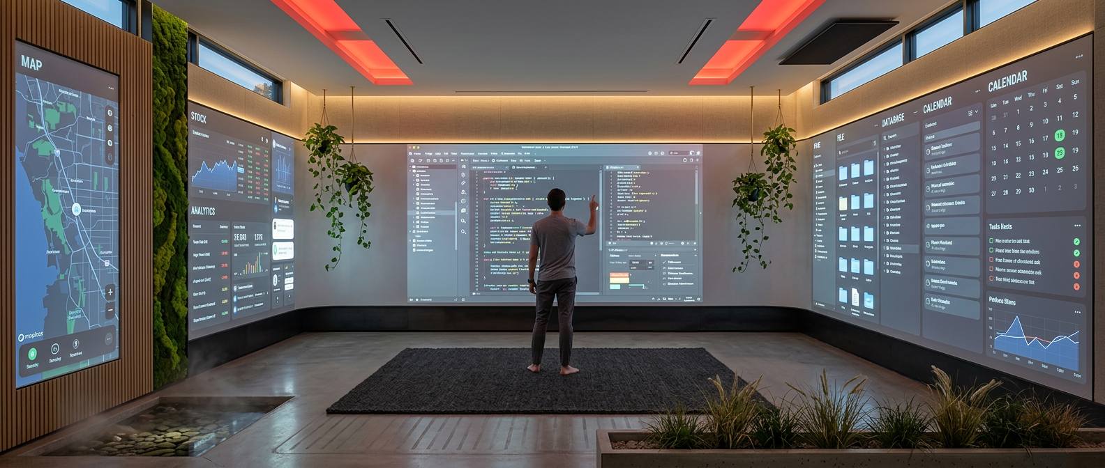 Architectural workspace with projected displays on four walls, grounding mat on polished concrete, living moss wall, natural materials