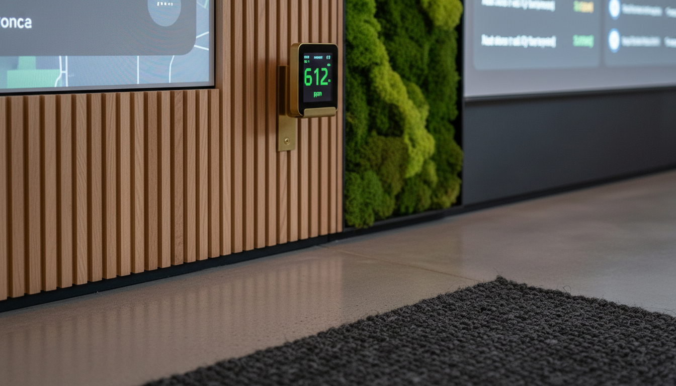 Close-up of grounding mat, red light panel, acoustic panels, and Aranet4 CO2 monitor showing 612 ppm